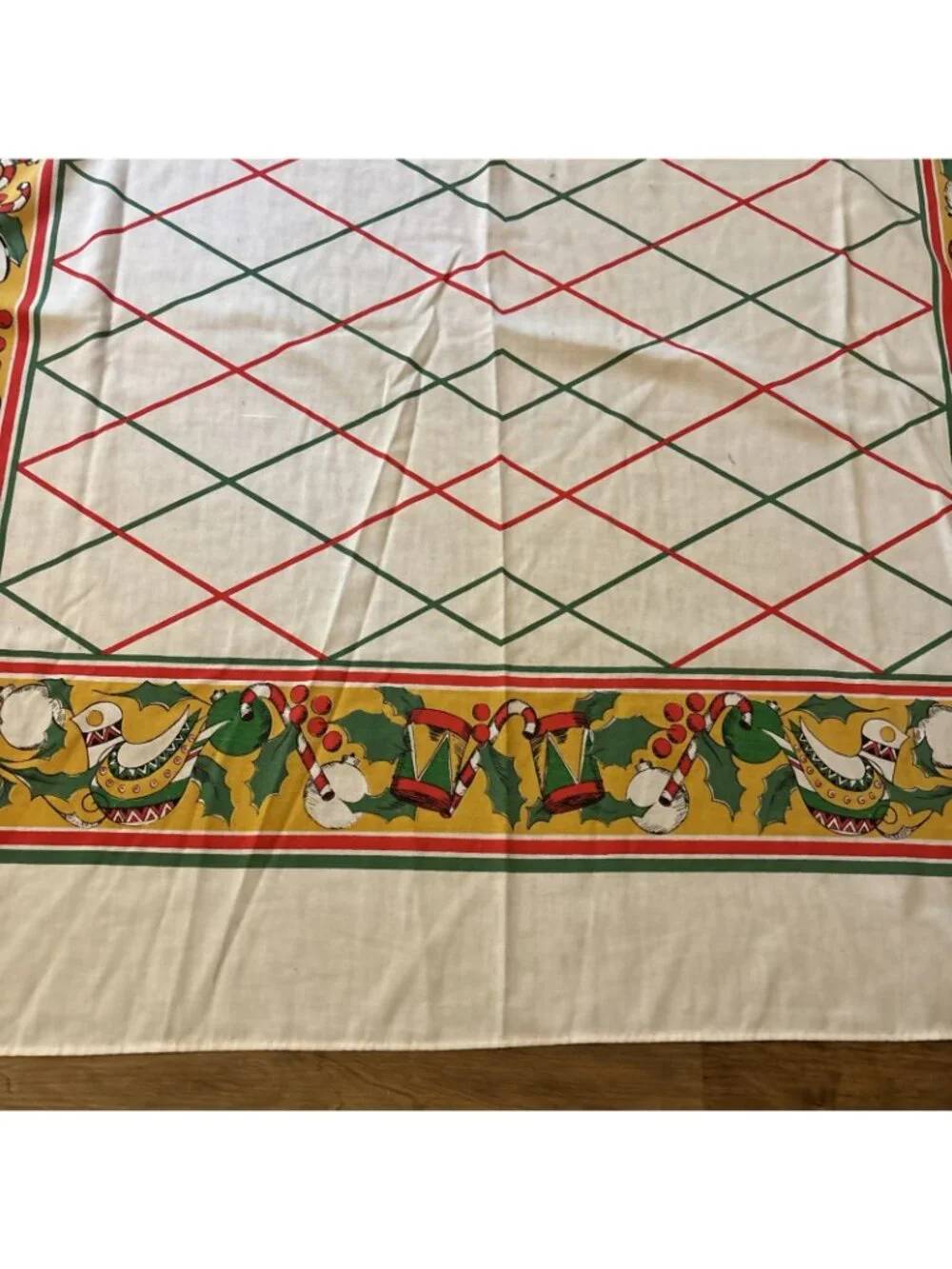 Vintage Large Christmas Tablecloth Red Green & Gold Border Size 81 X 60